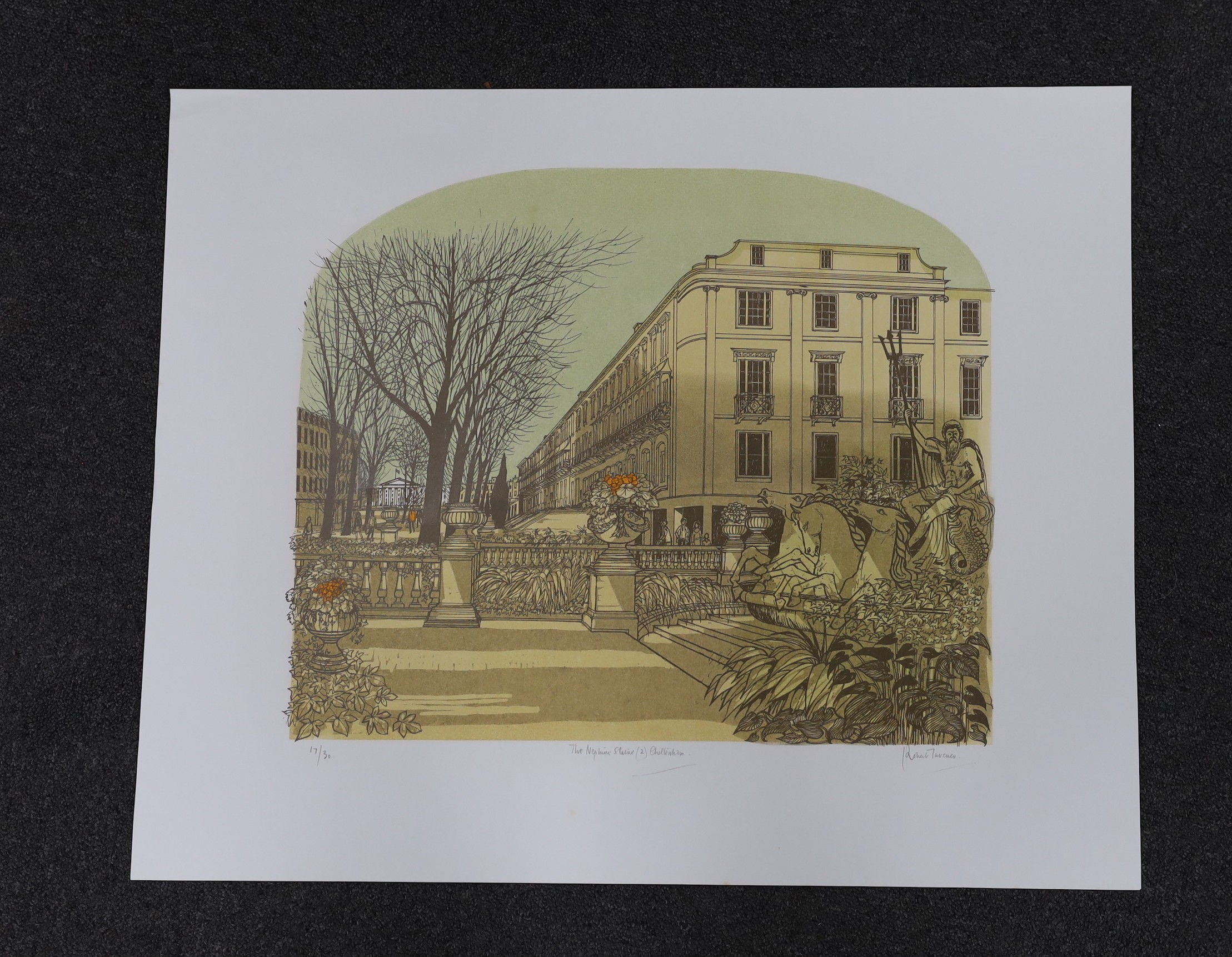Robert Tavener (1920-2004), linocut, 'The Neptune Statue (2), Cheltenham', signed in pencil, 17/30, 60 x 73cm, unframed